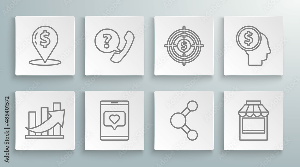 Set line Financial growth and coin, Mobile like with heart, Share, Shopping building or market store, Target dollar, Business man planning mind and Cash location icon. Vector Set line Financial growth and coin, Mobile like with heart, Share, Shopping building or market store, Target dollar, Business man planning mind and Cash location icon. Vector