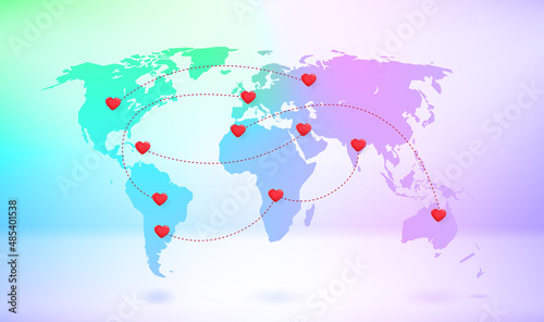 World travel map airplanes trajectories. I love travel concept. 3d vector illustration