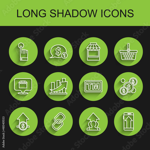 Set line Financial growth and coin, Chain link, Hand touch tap gesture, Growth chart progress people crowd, Smartphone, mobile phone, Coin money with dollar and Trademark icon. Vector