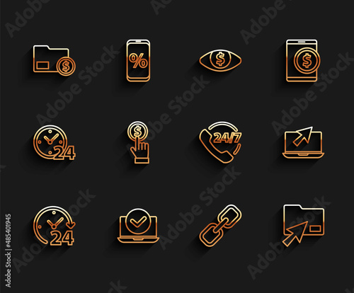 Set line Clock 24 hours, Laptop, Envelope with coin dollar, Chain link, Cursor click document folder, Hand holding, cursor and Telephone support icon. Vector