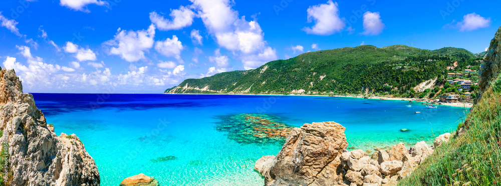 Lefkada, Ionian island of Greece .Amazing turquoise sea of beautiful beach Agios Nikitas.