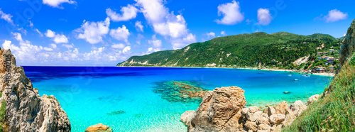 Lefkada, Ionian island of Greece .Amazing turquoise sea of beautiful beach Agios Nikitas.