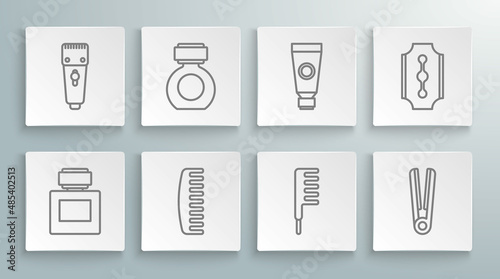 Set line Aftershave, Hairbrush, Curling iron for hair, Cream lotion cosmetic tube, Blade razor and Electrical clipper shaver icon. Vector