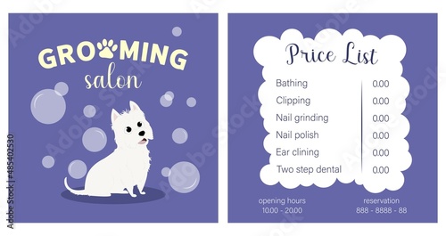 Vector Illustration business card pricelist and special offer for pet grooming salon with dog and bubbles. Price list with phone number for reservation and opening hours printable template photo