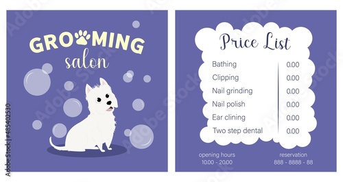 Vector Illustration business card pricelist and special offer for pet grooming salon with dog and bubbles. Price list with phone number for reservation and opening hours printable template