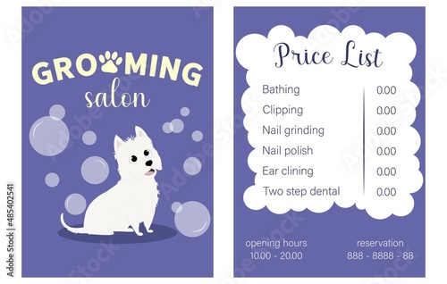 Vector Illustration business card pricelist and special offer for pet grooming salon with dog and bubbles. Price list with phone number for reservation and opening hours printable template a4. 