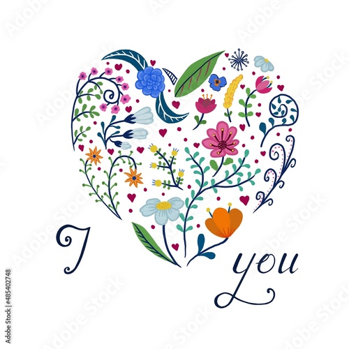 Heart with flowers. Valentine’s Day illustration. I love you.