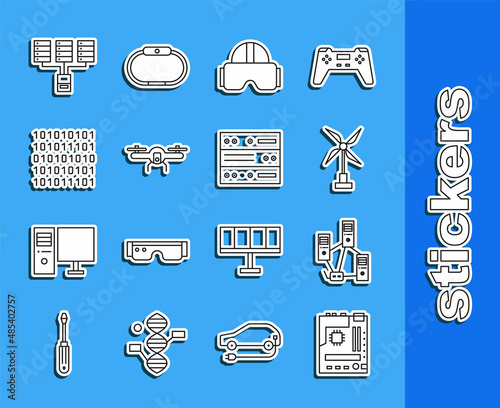 Set line Motherboard, Computer network, Wind turbine, Virtual reality glasses, Drone flying, Binary code, Server, Data, Web Hosting and icon. Vector