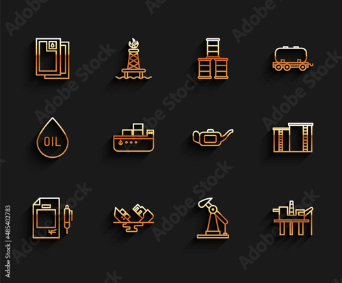 Set line Contract money and pen, Wrecked oil tanker ship, Barrel, Oil pump or pump jack, platform in the sea, industrial factory building and Canister motor icon. Vector