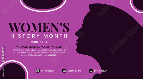 Women's history month banner design with woman silhouette and ornaments