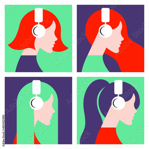 vector minimalist set of icons girls in headphones listen to music, audiobook podcast, lecture in different trendy colors. useful for web design, icons, avatars, banners for music or podcast channels.