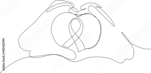 Continuous one line drawing of hand as symbol of world cancer day closeup. Outline minimal concept. Vector illustration