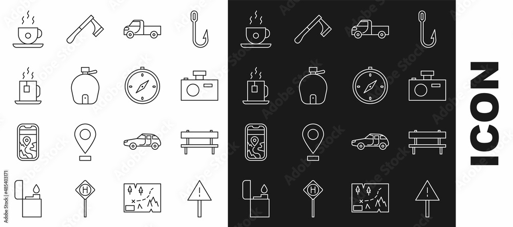 Set line Exclamation mark in triangle, Bench, Photo camera, Pickup truck, Canteen water bottle, Cup of tea with tea bag, Coffee cup and Compass icon. Vector