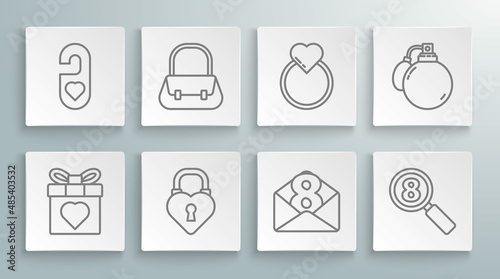 Set line Gift box and heart, Handbag, Castle in the shape of, Envelope with 8 March, Search, Wedding rings, Perfume and Please do not disturb icon. Vector