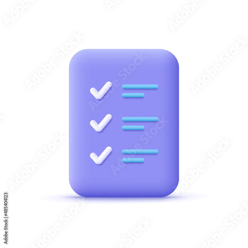 Checklist, document. Business, education concept. 3d vector icon. Cartoon minimal style.