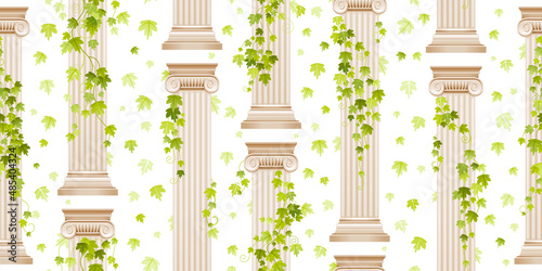 Greek ivy pillar pattern. Vector ancient column seamless background. Architecture roman greek illustration with ivy plant. Antique design from rome and greece classic column buildings. Wedding pattern
