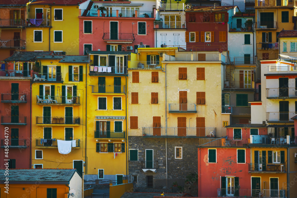Manarola village, colorful pattern of houses. Cinque Terre, Italy.