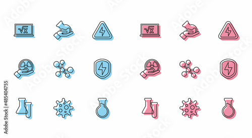 Set line Test tube and flask  Virus  Square root of x glyph  Molecule  Secure shield with lightning  Radioactive and icon. Vector