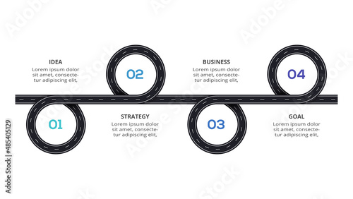 Road concept for infographic with 4 steps, options, parts or processes. Business data visualization.