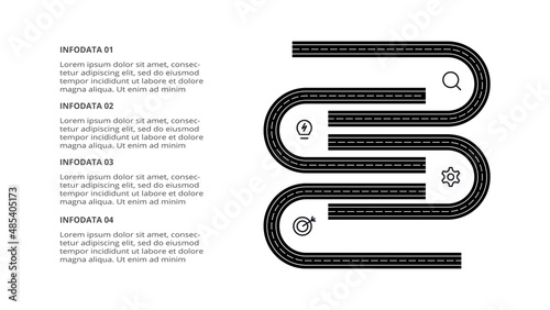 Road concept for infographic with 4 steps, options, parts or processes. Business data visualization.