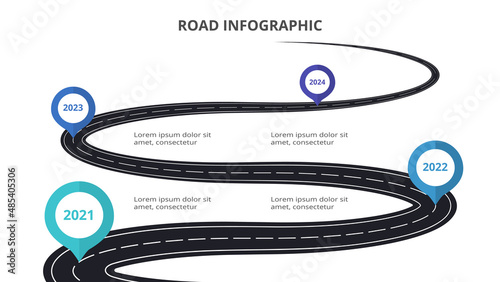 Road concept for infographic with 4 steps, options, parts or processes. Business data visualization.