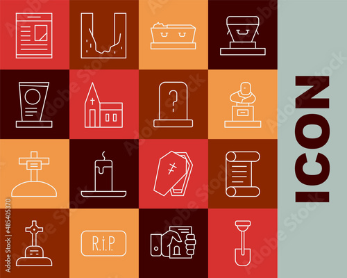 Set line Shovel, Decree, parchment, scroll, Grave with tombstone, Coffin dead, Church building, Obituaries and icon. Vector