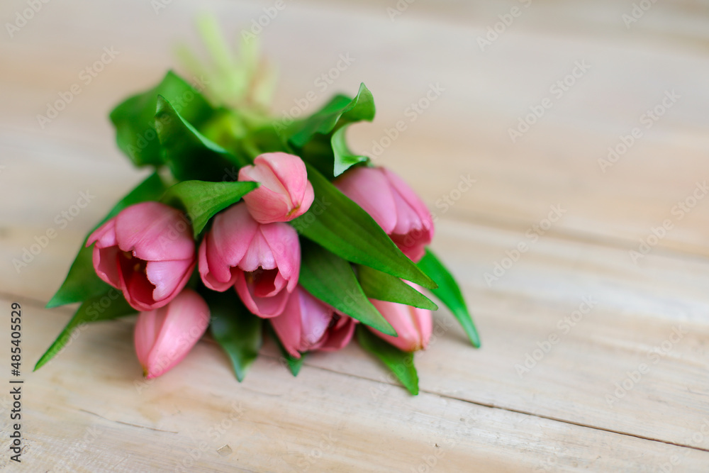 pink tulips on wooden background, bouquet of tulips pink tulips on wooden background, bouquet of tulips