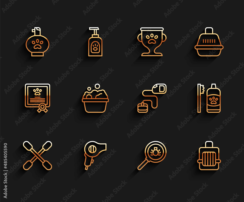 Set line Cotton swab for ears, Hair dryer, Pet shampoo, Flea search, carry case, Pets bath, Dental hygiene pets and Retractable cord leash icon. Vector