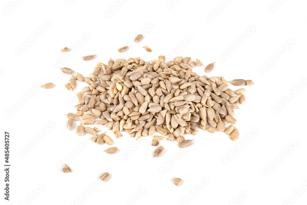 Pile of peeled sunflower seeds, isolated on white background. Pile of peeled sunflower seeds, isolated on white background.