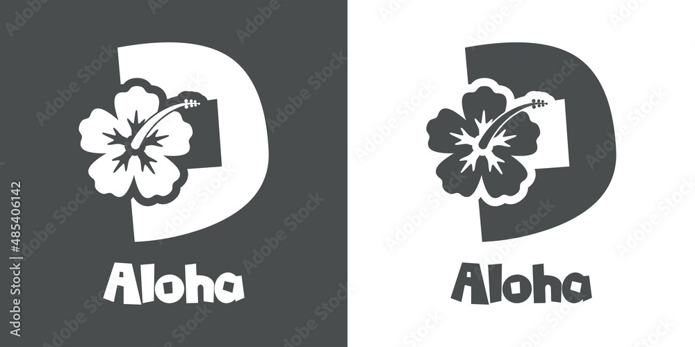 Logotipo texto Aloha con letra D en tipografía tiki con silueta de flor de hibisco en fondo gris y fondo blanco	