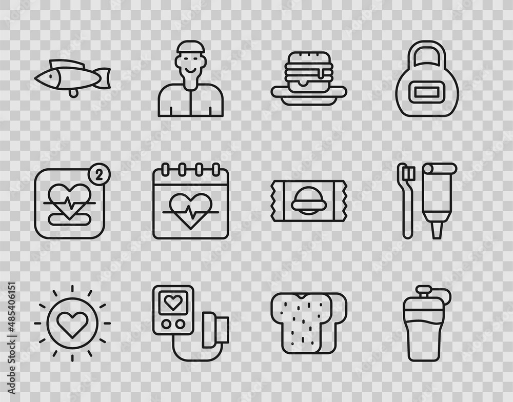 Set line Sun, Fitness shaker, Junk food, Blood pressure, Fish, Heart rate, Bread toast and Toothbrush and toothpaste icon. Vector Set line Sun, Fitness shaker, Junk food, Blood pressure, Fish, Heart rate, Bread toast and Toothbrush and toothpaste icon. Vector