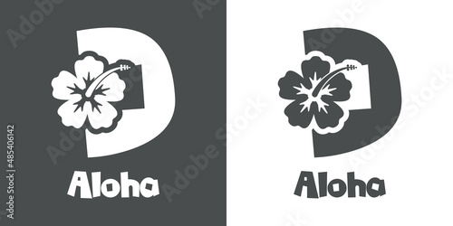 Logotipo texto Aloha con letra D en tipografía tiki con silueta de flor de hibisco en fondo gris y fondo blanco	