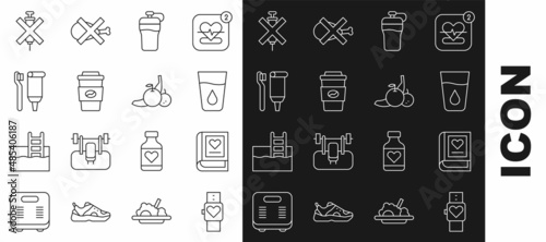 Set line Smart watch, Medical book, Glass with water, Fitness shaker, Coffee cup to go, Toothbrush and toothpaste, No doping syringe and Fruit icon. Vector