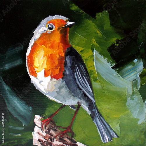 Canvas Print Bird oil painting, print on canvas, a bird sits on a branch