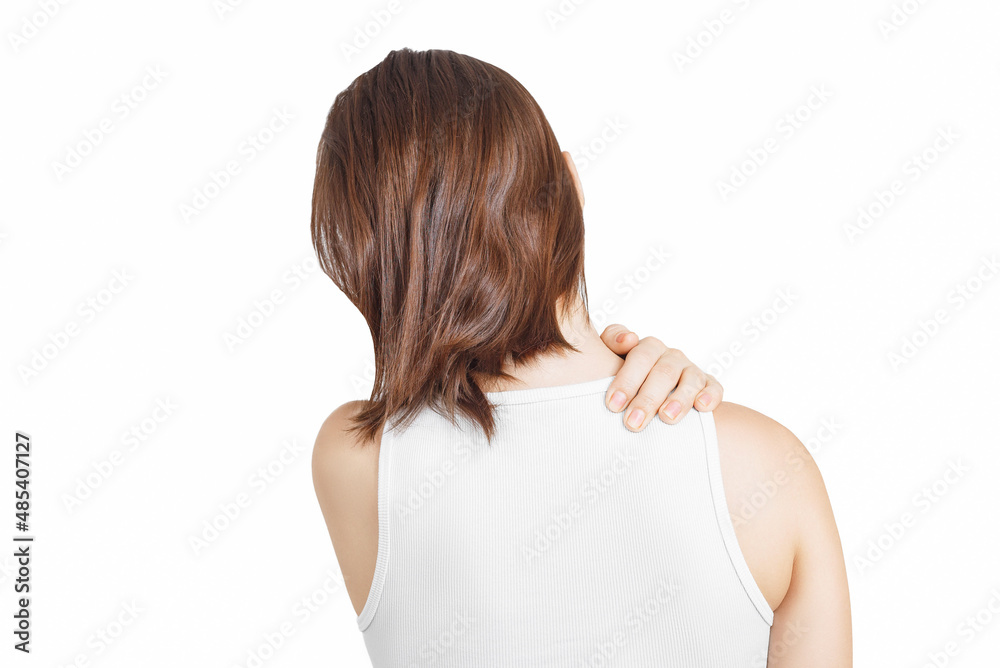 Closeup woman neck and shoulder pain and injury. Health care and medical concept. Closeup woman neck and shoulder pain and injury. Health care and medical concept.