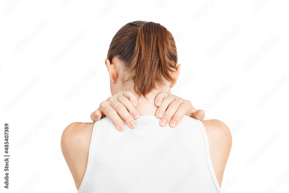 Obraz premium Spine of woman with neck pain. Young woman holding his neck in pain.