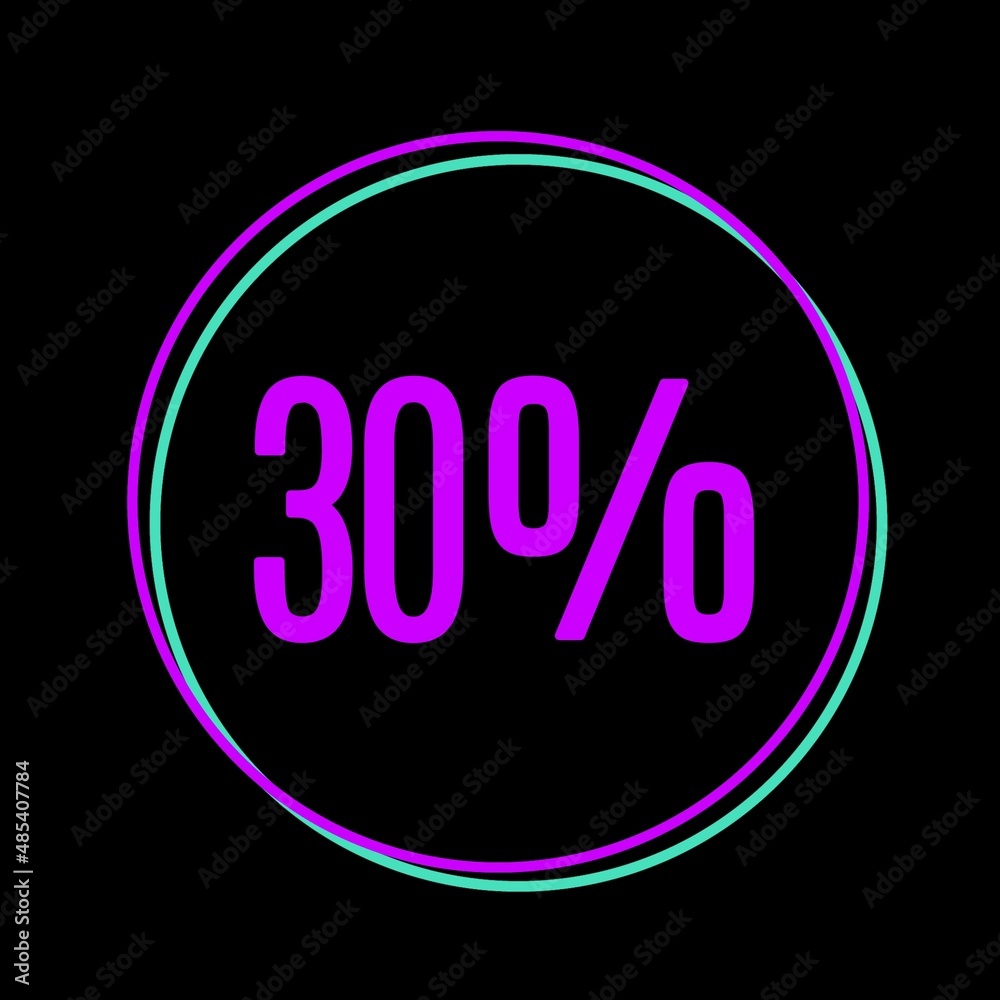 30% in purple and turquoise color circle on black background. Thirty percent banner written in purple. discount card. Promotion black label. 30% in purple and turquoise color circle on black background. Thirty percent banner written in purple. discount card. Promotion black label.
