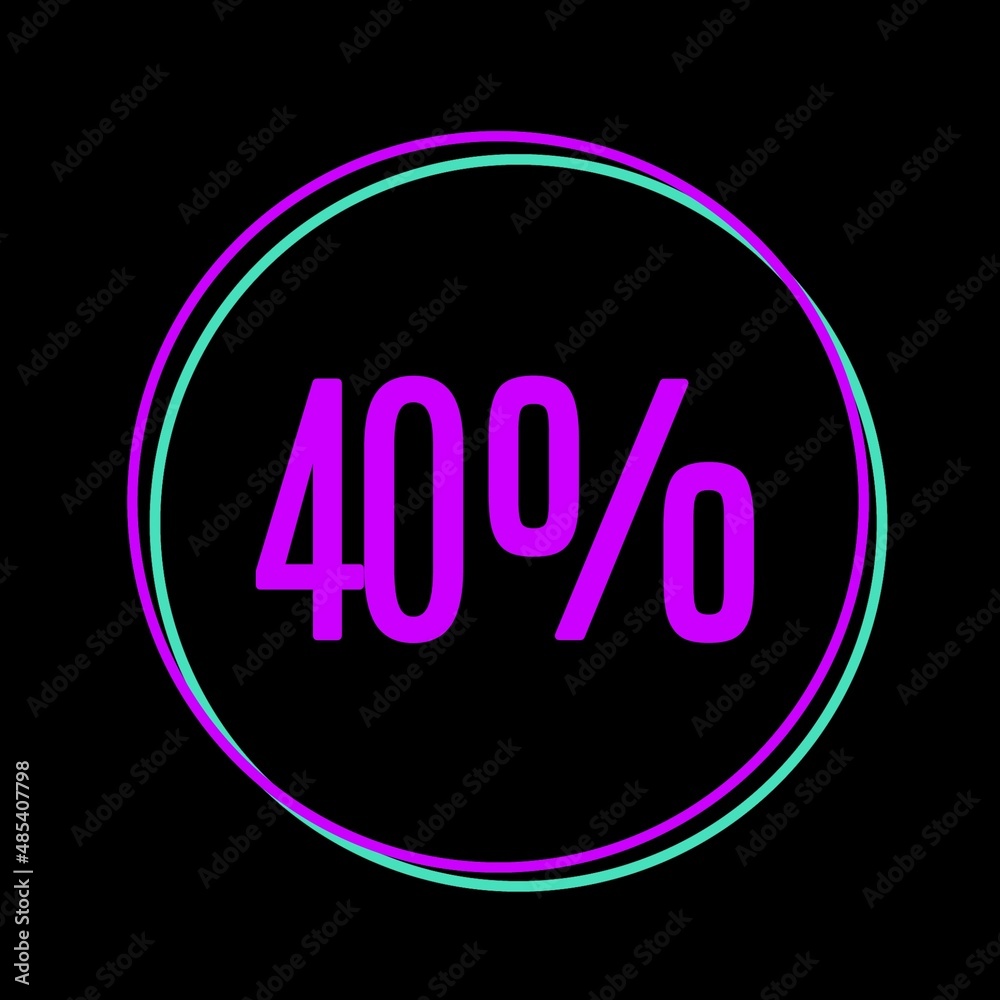 40% in purple and turquoise color circle on black background. Forty percent banner written in purple. discount card. Promotion black label. 40% in purple and turquoise color circle on black background. Forty percent banner written in purple. discount card. Promotion black label.