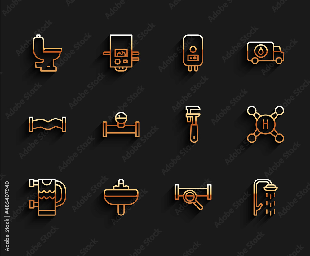 Set line Heated towel rail, Washbasin, Toilet bowl, Industry metallic pipe, Shower, and manometer, Water tap and Pipe adjustable wrench icon. Vector