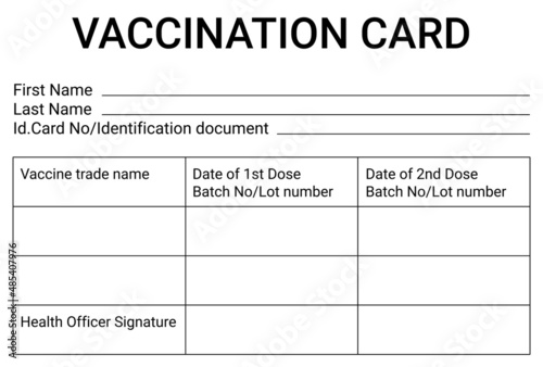 Covid-19 vaccination certificate. Vaccination card to show that a person has been vaccinated. Vaccination record card.