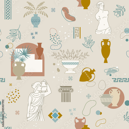 Seamless pattern of antique ancient Greek statues, jugs, amphorae, vases and column capitals. Vector abstract background with elements of Greek ornament.