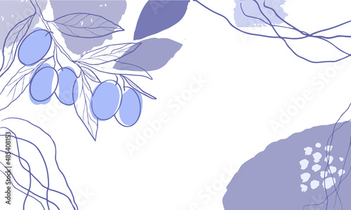 Abstract purple background in a trendy very peri palette. Minimalist leaves and plants banner with space for text