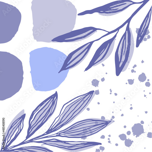 Abstract purple background in a trendy very peri palette. Minimalist leaves and plants banner