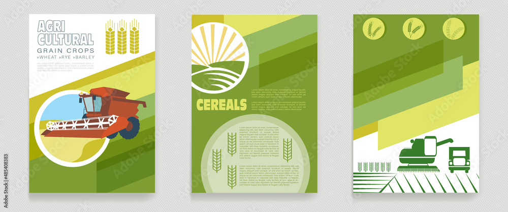 Obraz A set of agricultural leaflets, flyers, brochures with a combine harvester harvesting wheat, a tractor in the field, an ecological farm.