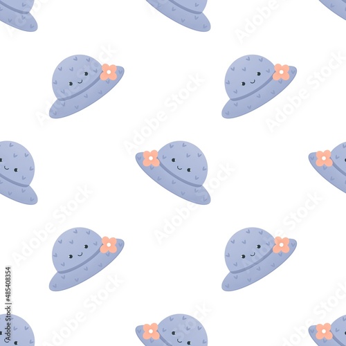 cute childish summer pattern - blue hat with a flower on a white background