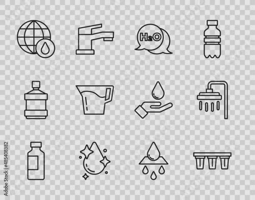 Set line Bottle of water, Water filter, Chemical formula for H2O, drop, Earth planet in, Jug glass with, Recycle clean aqua and Shower icon. Vector