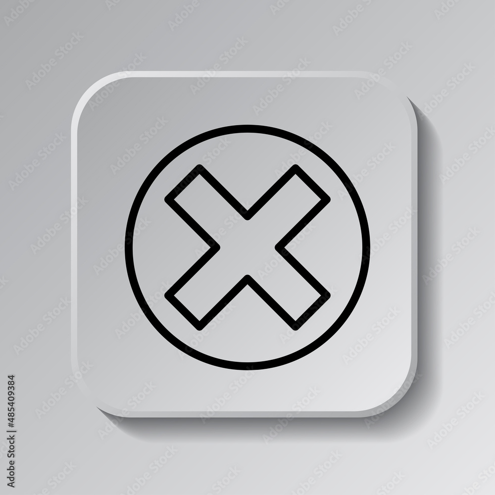Obraz premium Delete, cross simple icon. Flat desing. Black icon on square button with shadow. Grey background.ai