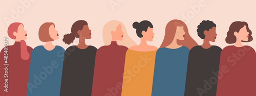 Different ethnicity women: African, Asian, Chinese, European, Latin American, Arab. Vector banner with women of different nationalities and cultures. Women's struggle for independence, equality.