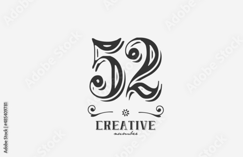 52 vintage number logo icon with black and white color design. Creative template for company and business