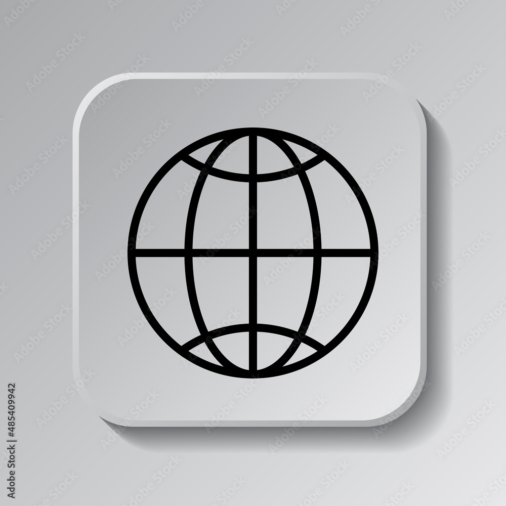 Globe, planet simple icon. Flat desing. Black icon on square button with shadow. Grey background.ai Globe, planet simple icon. Flat desing. Black icon on square button with shadow. Grey background.ai